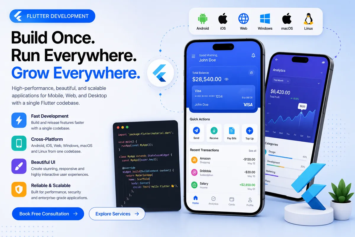 Flutter mobile app screens on Android and iPhone